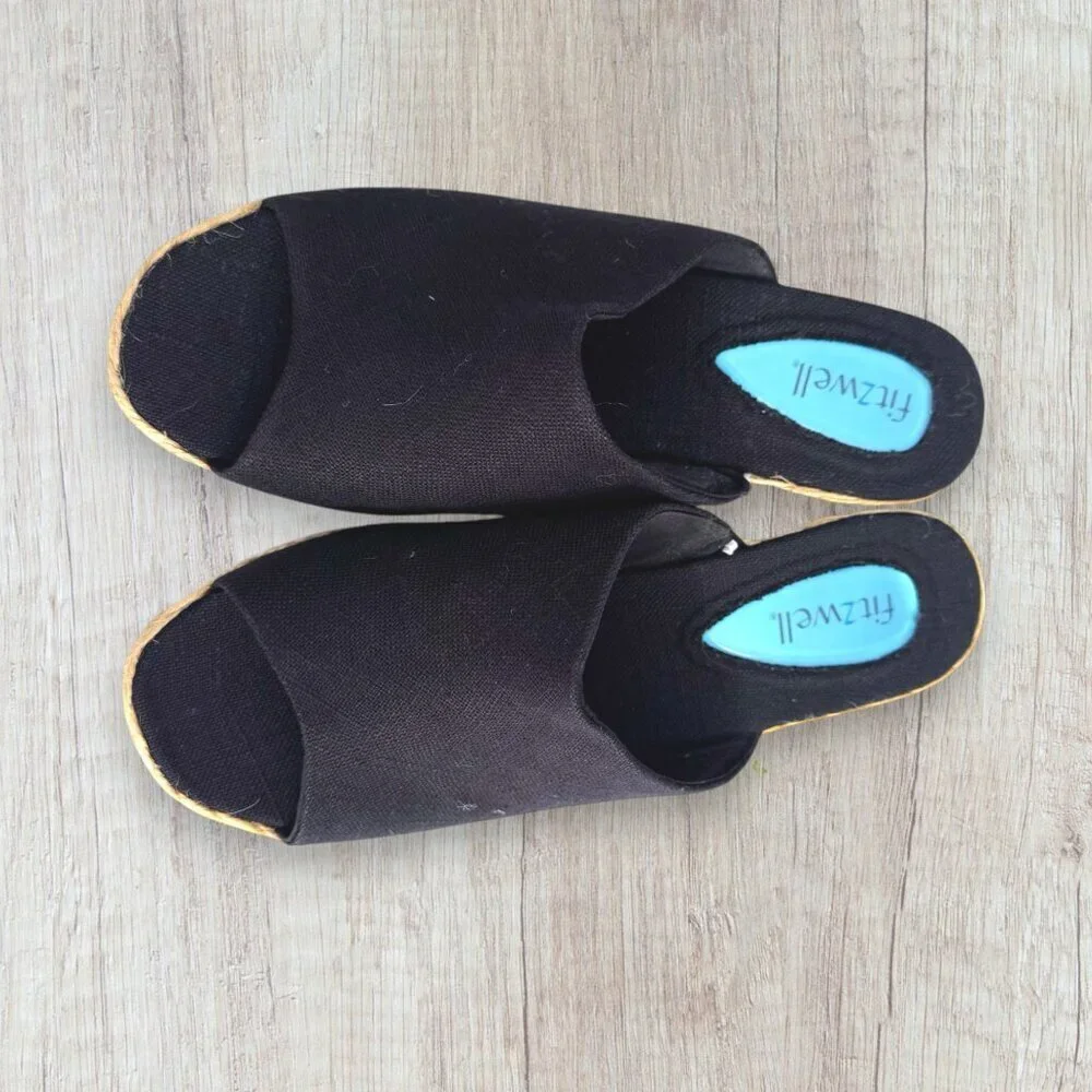 NEW FITZWELL Black Slip On Slide Espadrille Wedge Peep Toe Sandals Jute 8 WW